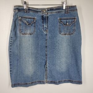 Vintage Y2K 00s Denim Jean Knee Length Skirt 100% Cotton 34 Pockets Front Slit